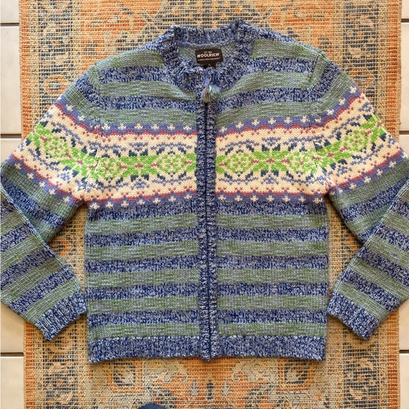 Woolrich Wool Blend Zip Up Cardigan Sweater Blue Green Pink Size M/L Jacket - Picture 9 of 9